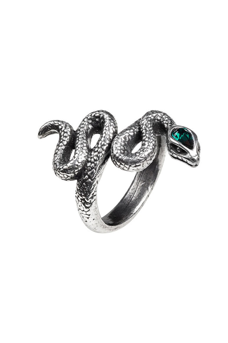 goth pewter silver snake ring with green crystal gemstone