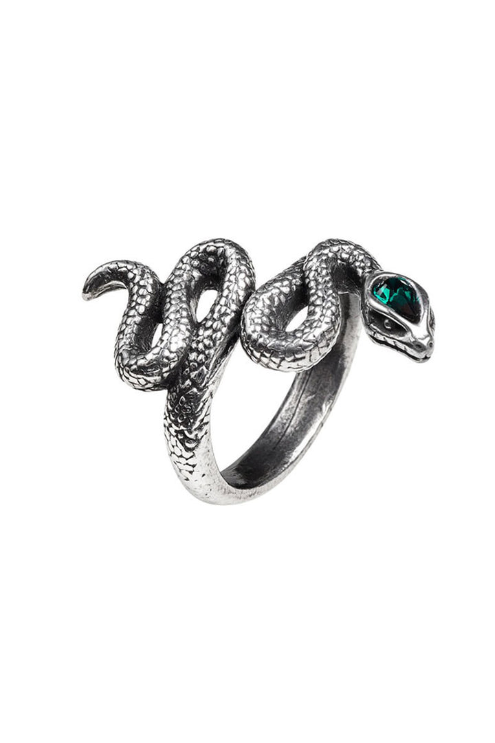 goth pewter silver snake ring with green crystal gemstone