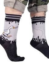 black gray socks with white goose carrying knife