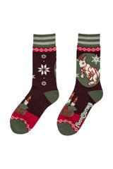 christmas themed graphic socks with goat christmas bells and snowflakes