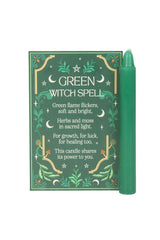 A green wax candle and its decorative packaging box labeled 'GREEN WITCH SPELL' on a plain white background.