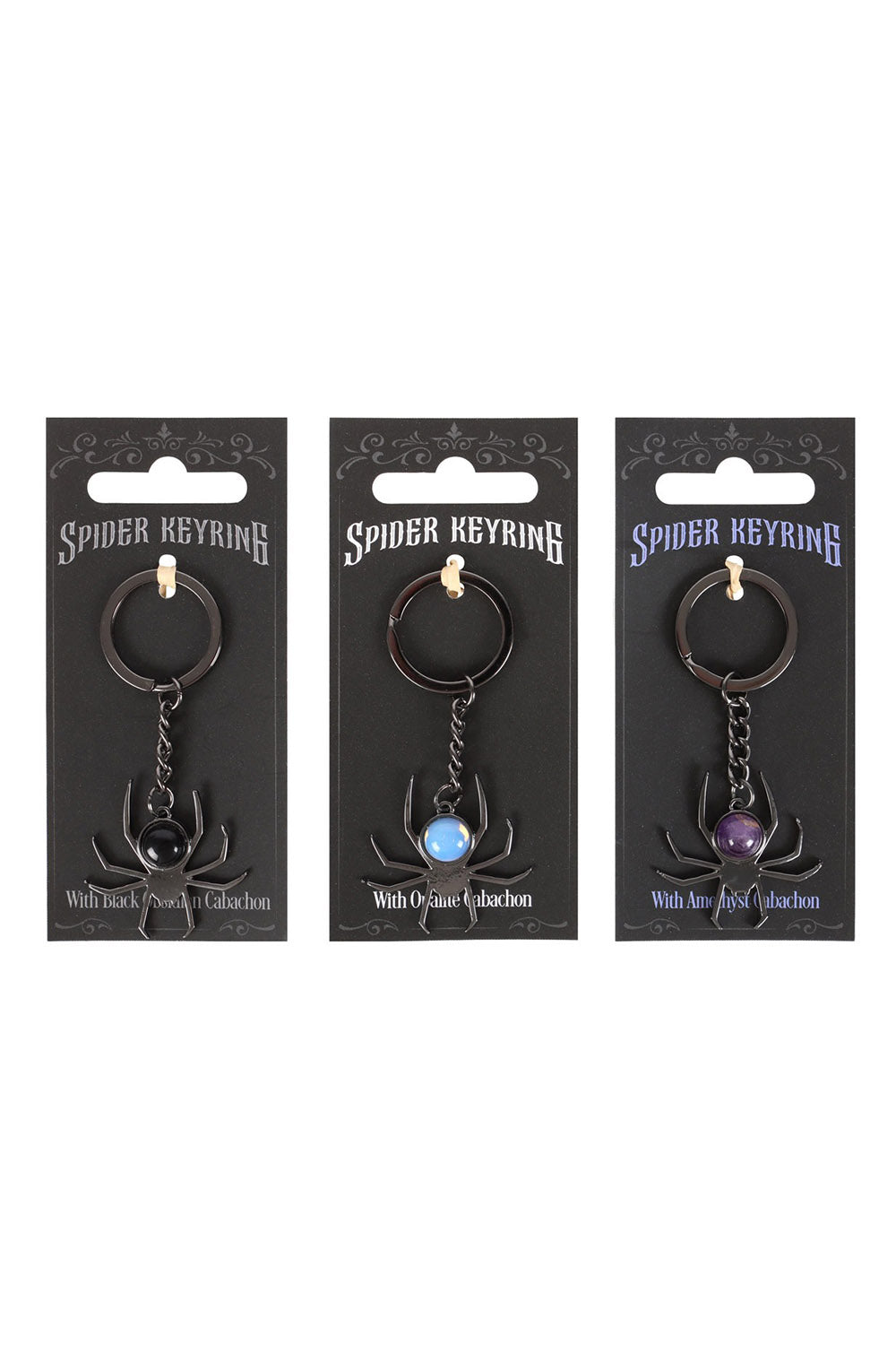 gothic black widow spider keyring with witchy stone