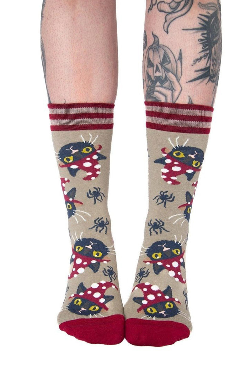 black cat wearing mushroom hat socks