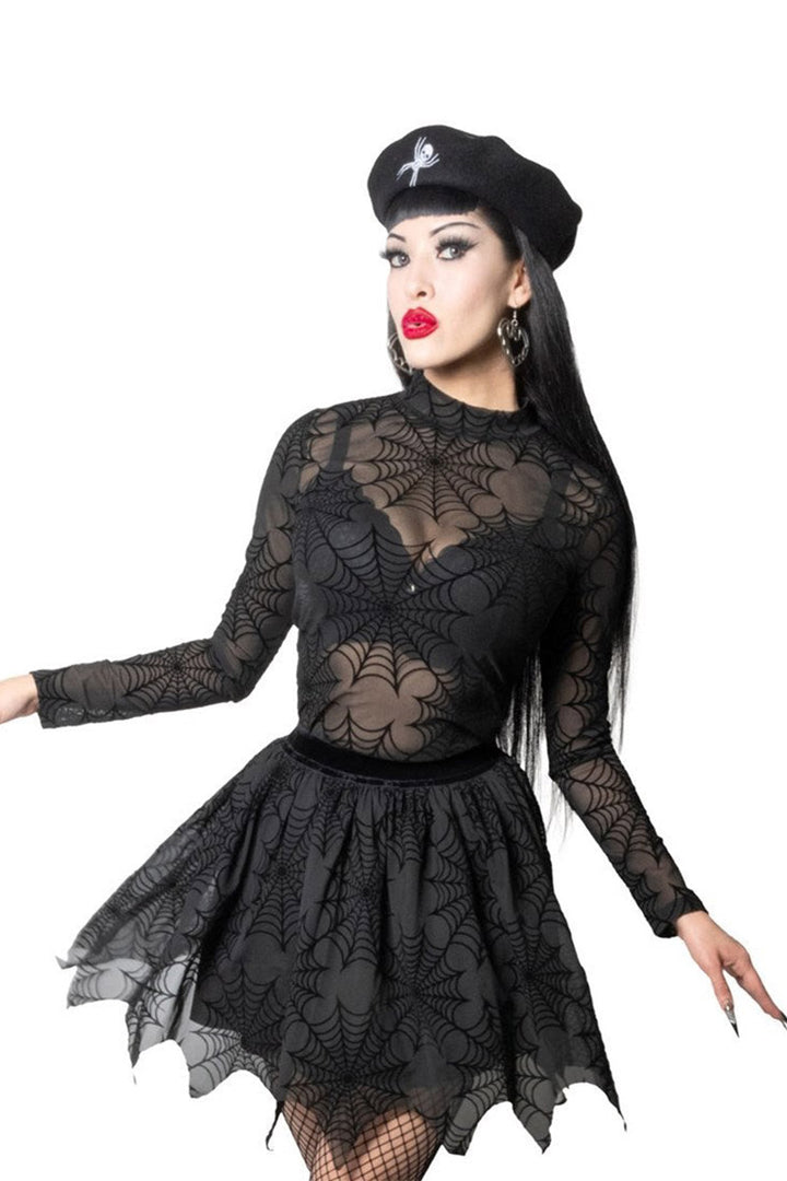 high collar long sleeve mesh spiderweb shirt
