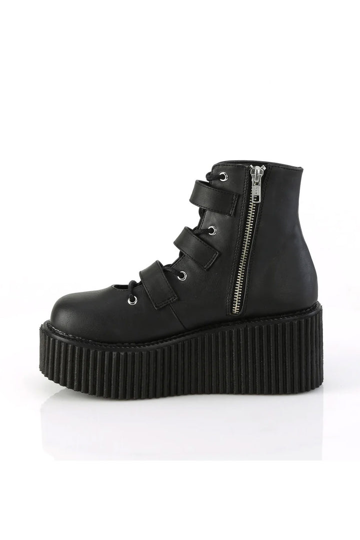 vegan leather demonia platform shoes with spiderweb buckles