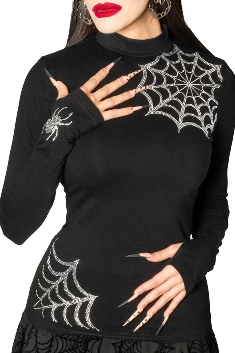 bold spiderweb design across the torso, striking spider detail on the sleeve, and sparkling rhinestones for a touch of dark elegance