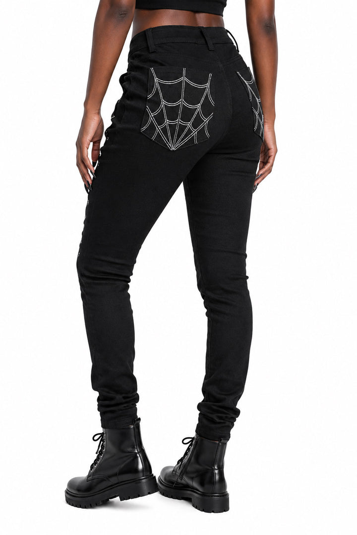 womens embroidered spiderweb lace-up corset black skinny jeans