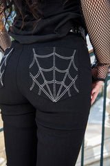 womens grunge goth lace-up corset leg pants with embroidered spiderweb pockets