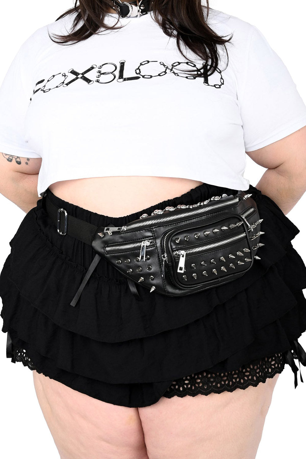 punk black vegan leather studded fanny pack bag