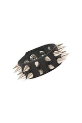 Black leather bracelet with silver spikes on a white background