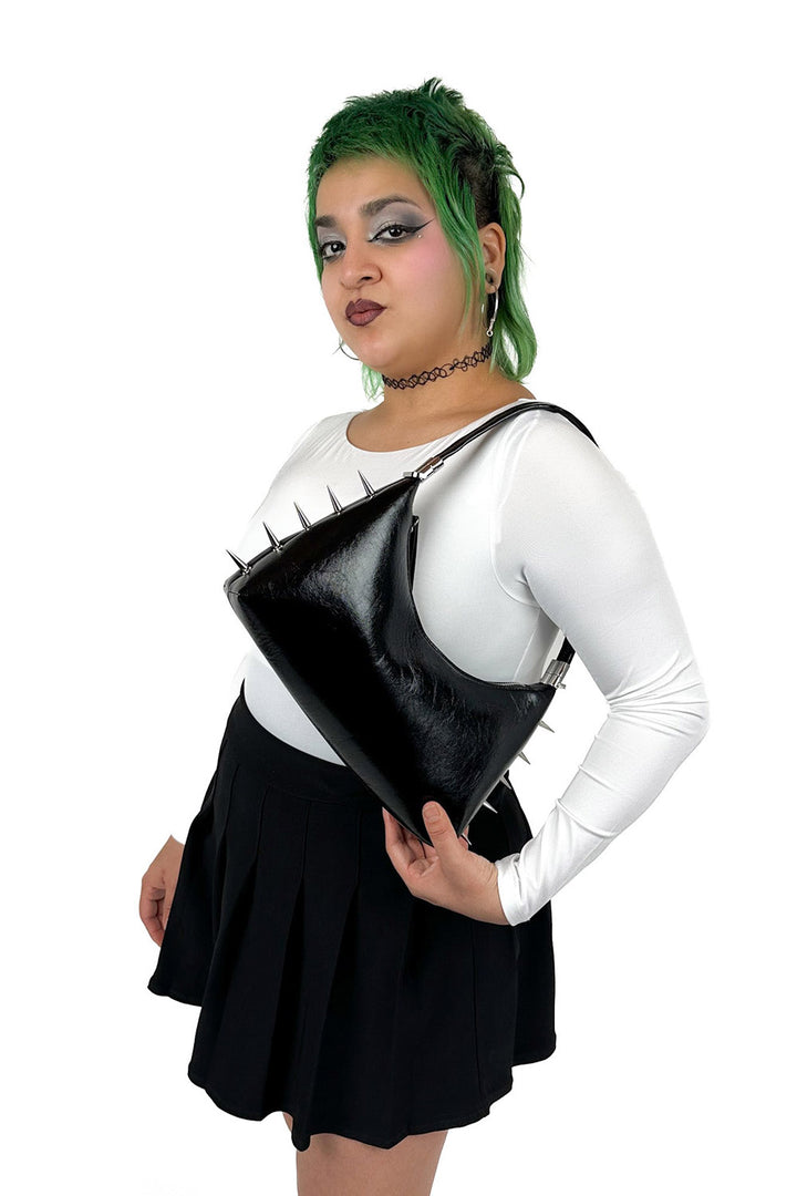 punk black vegan leather spiked crossbody bag