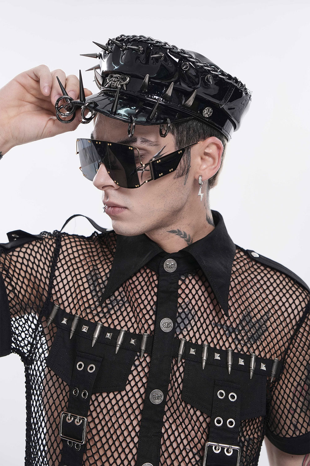 Model wearing Devil Fashion pierced punk military cap