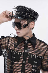Model wearing Devil Fashion pierced punk military cap