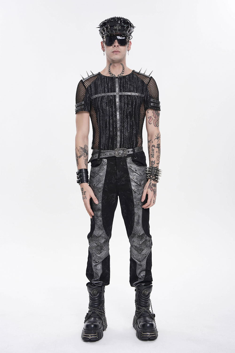 Spiked top with mesh sides on male model