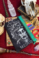 horror zippered pouch with medusa art on front and bacl