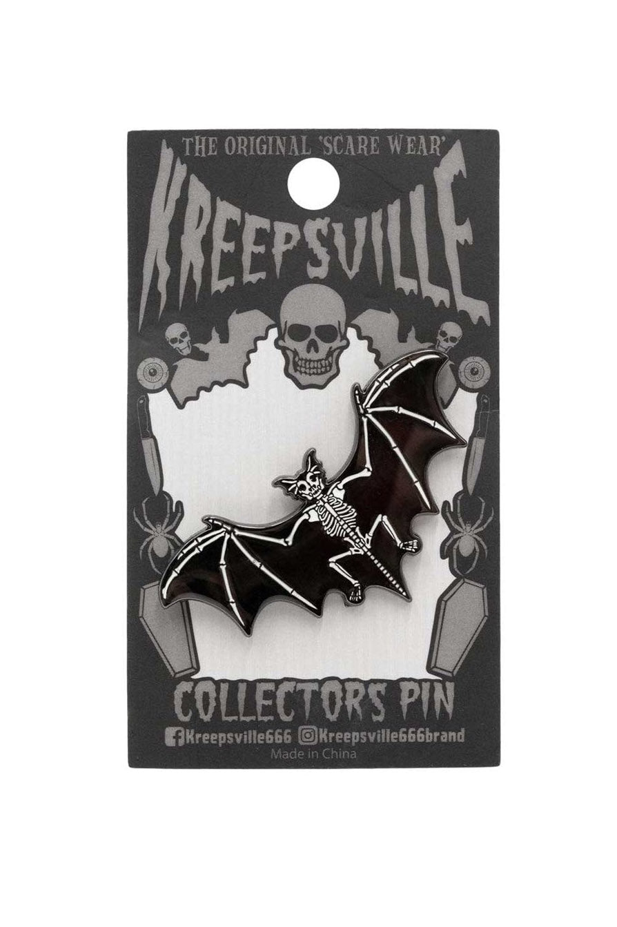 goth Black bat skeleton enamel pin on a white background