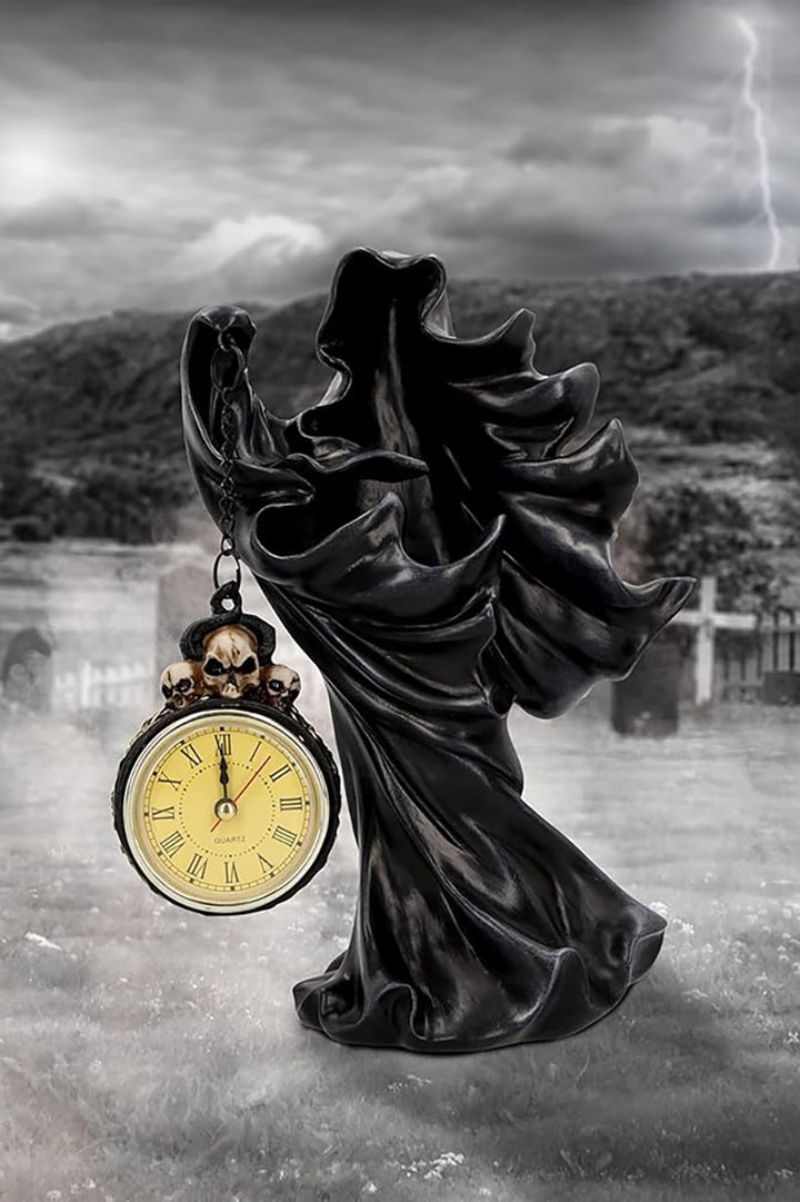 halloween grim reaper holding clock statue