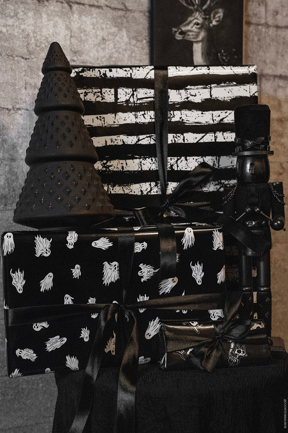 tim burton inspired black and white striped wrapping paper