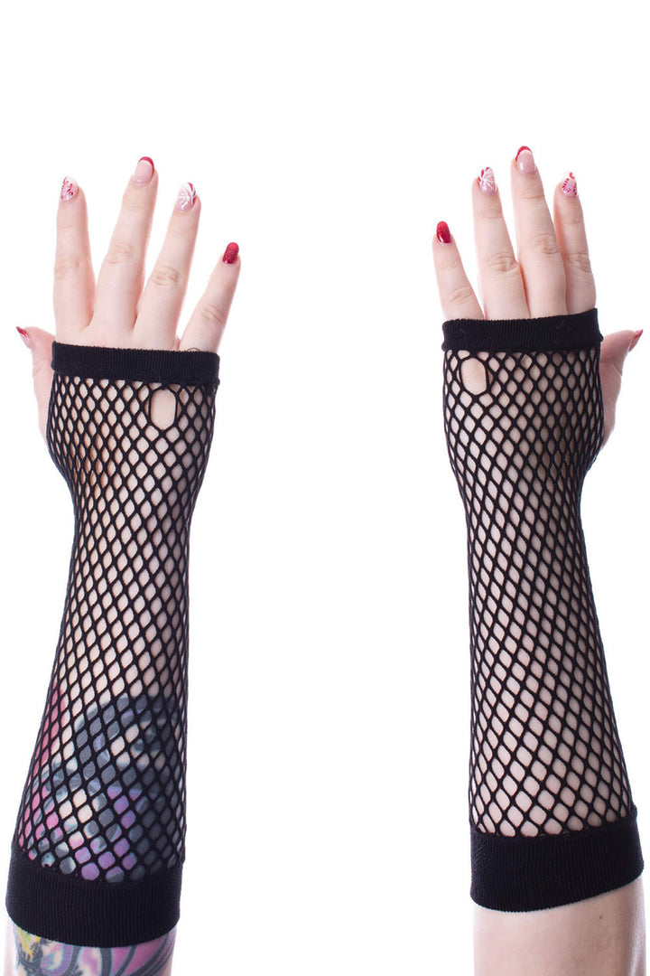 womens black long fishnet gloves