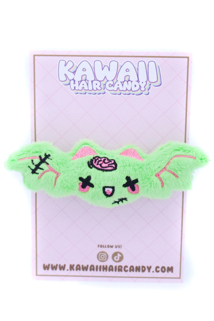green and pink emo creepy cute bat plush hair clip