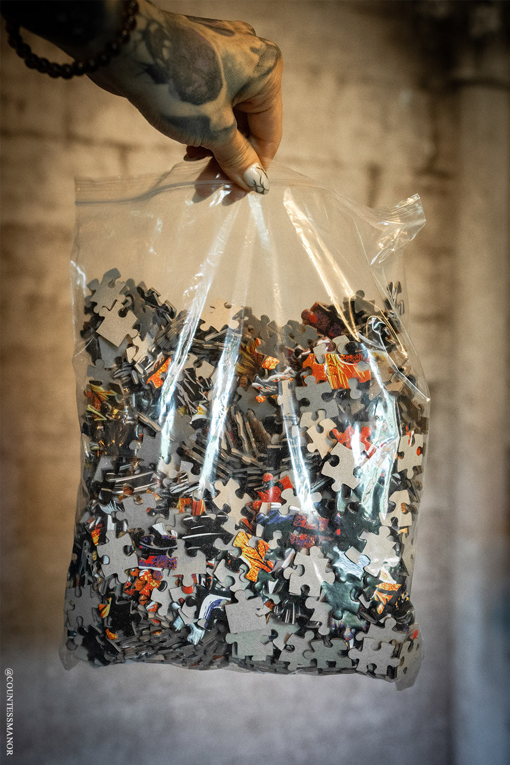 Bag of puzzle pieces held by a tattooed hand against a castle wall background