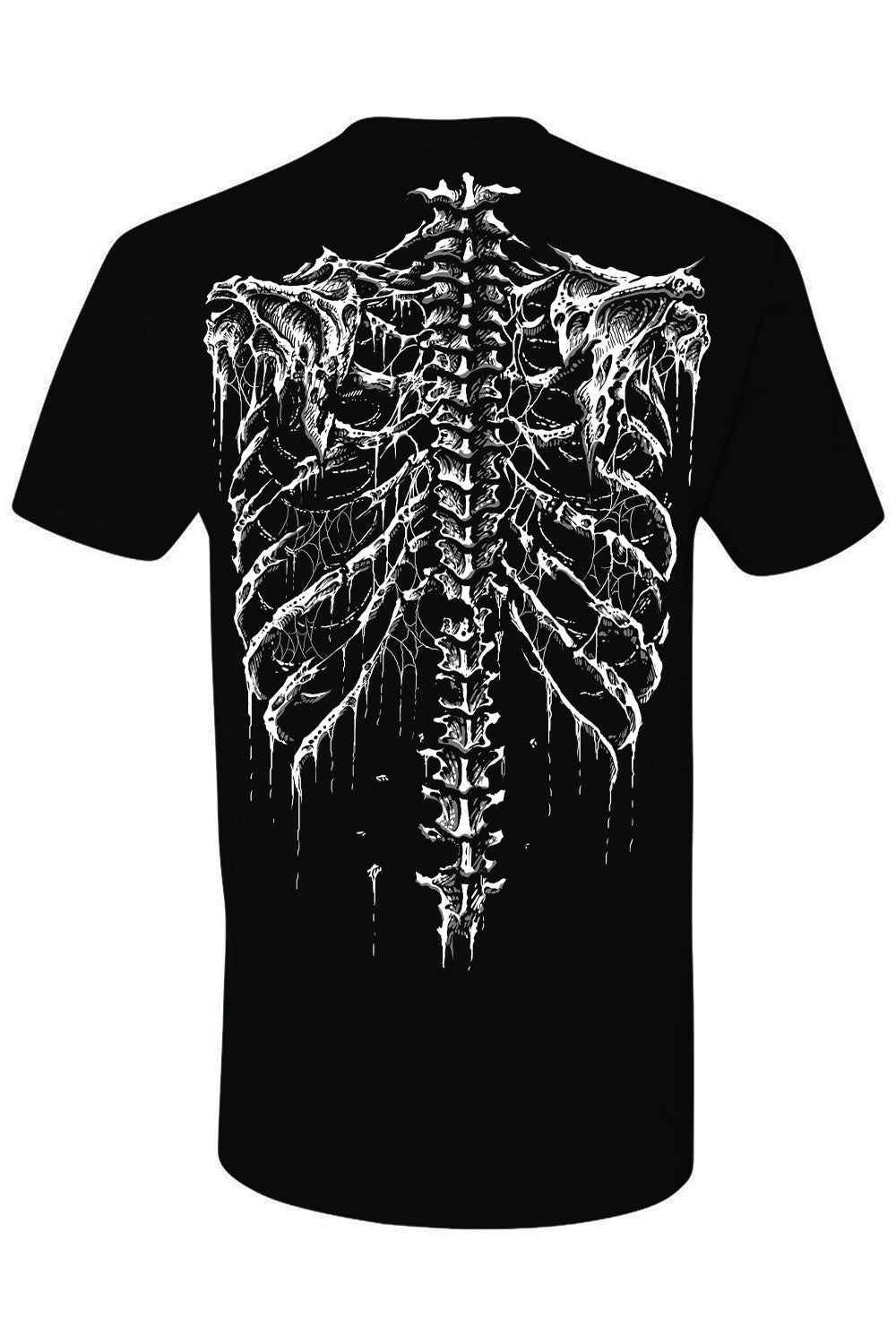 back view of skeletal graphic tshirt showing ribs and spine