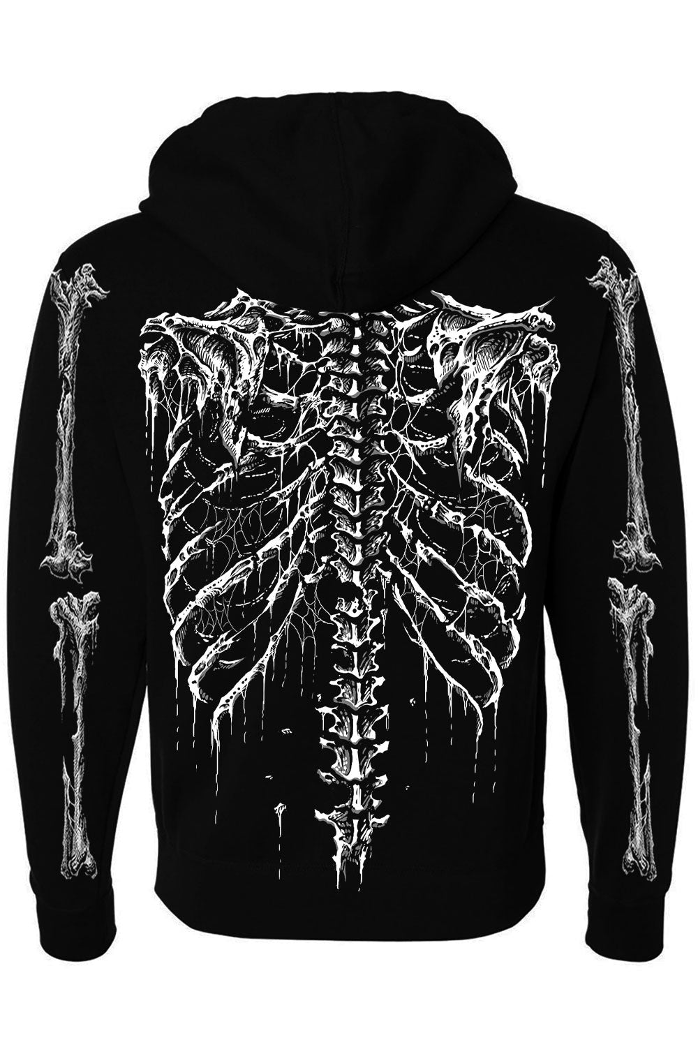 back view of spooky skeleton with broken spine and ribs printed on black pullover hoodie