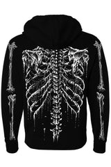 back view of spooky skeleton with broken spine and ribs printed on black pullover hoodie