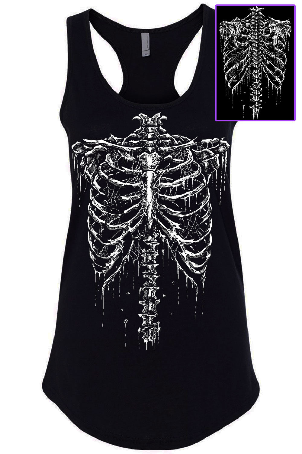 womens black racerback tank top with white broken ribcage and spine skeleton graphic from VampireFreaks