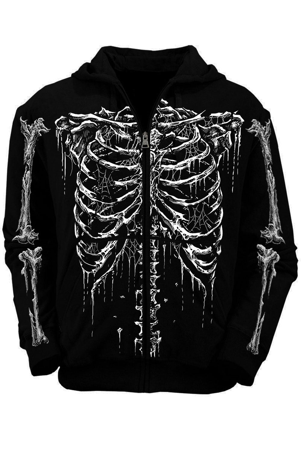 goth punk emo black zipper hoddie with white skeleton print