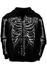 goth punk emo black zipper hoddie with white skeleton print
