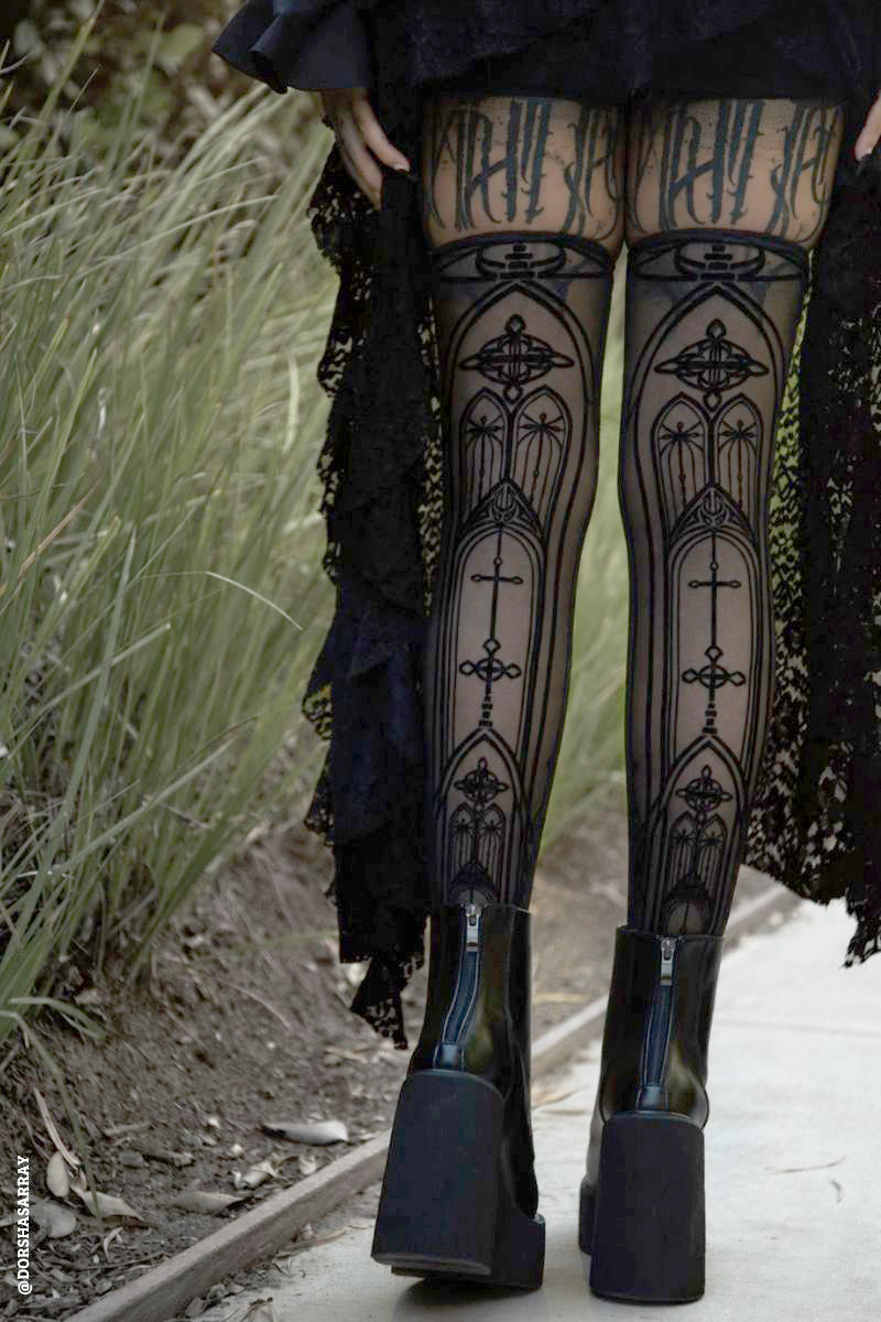 black mesh flocked gothic cathedral thigh highs