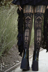 black mesh flocked gothic cathedral thigh highs