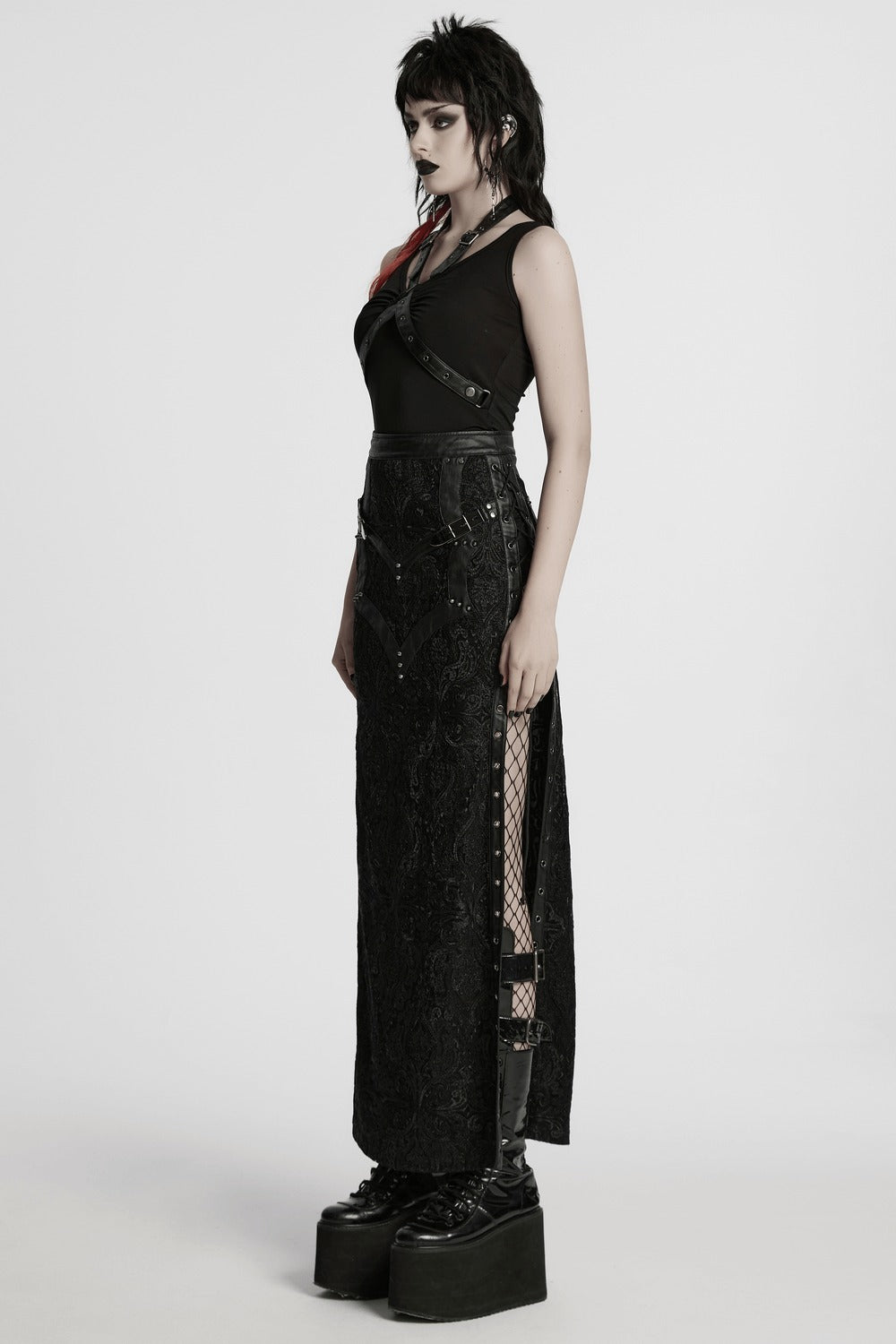gothic maxi skirt with side splits and lacing 