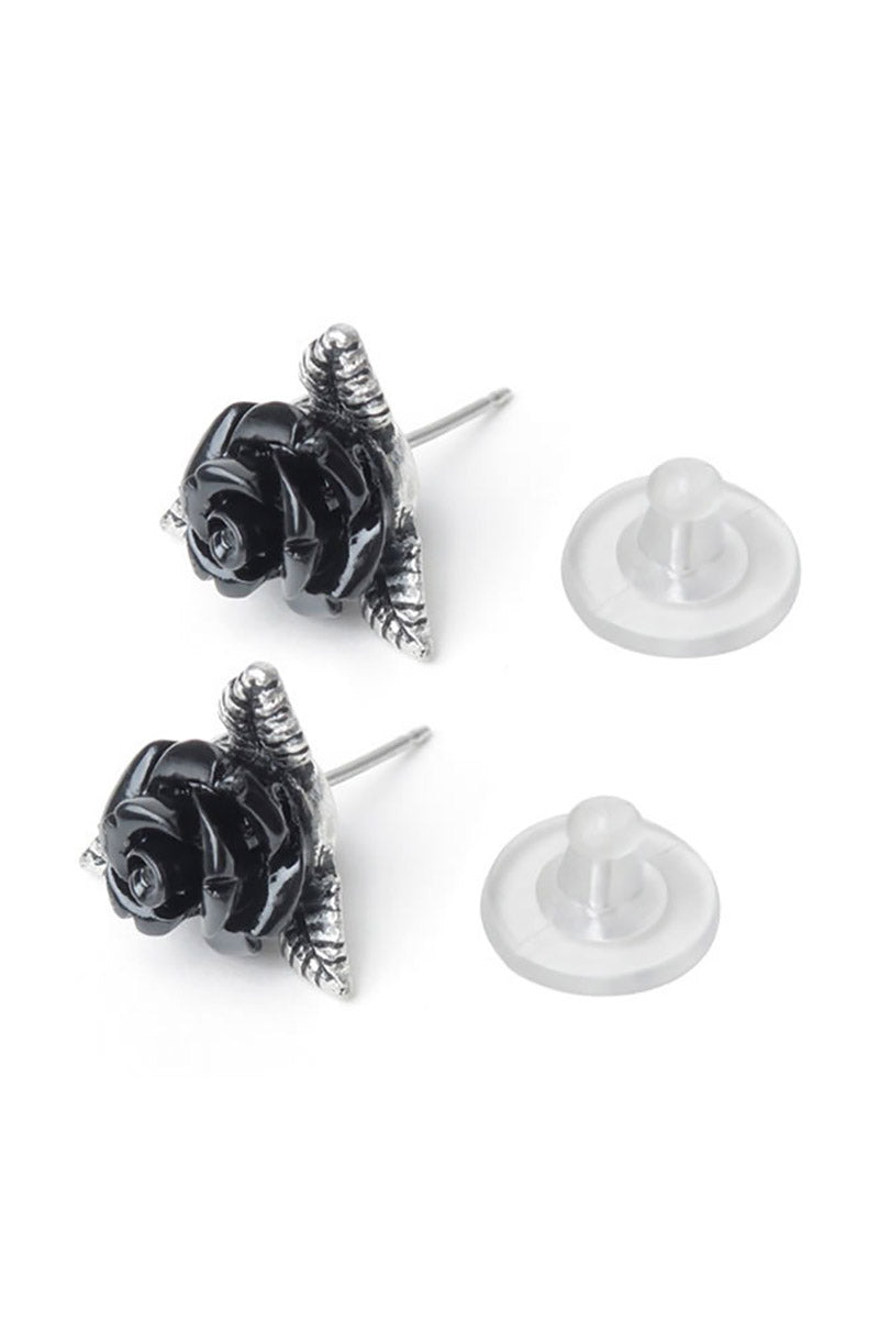 pewter black rose stud earrings
