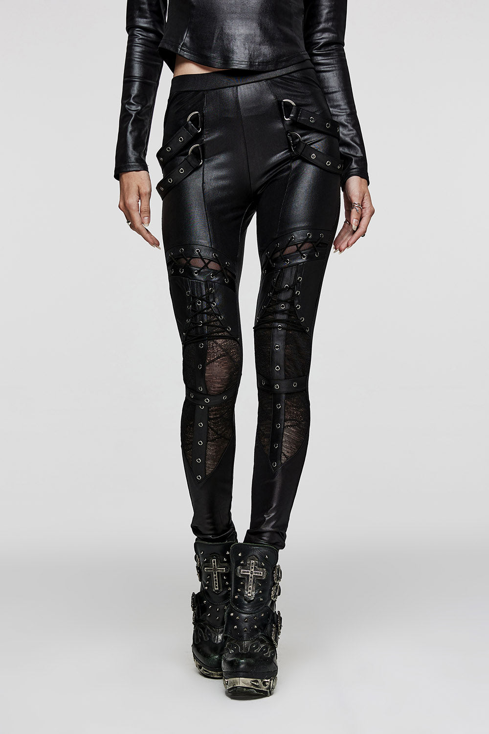 silver eyelet strap leather leggings