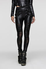silver eyelet strap leather leggings