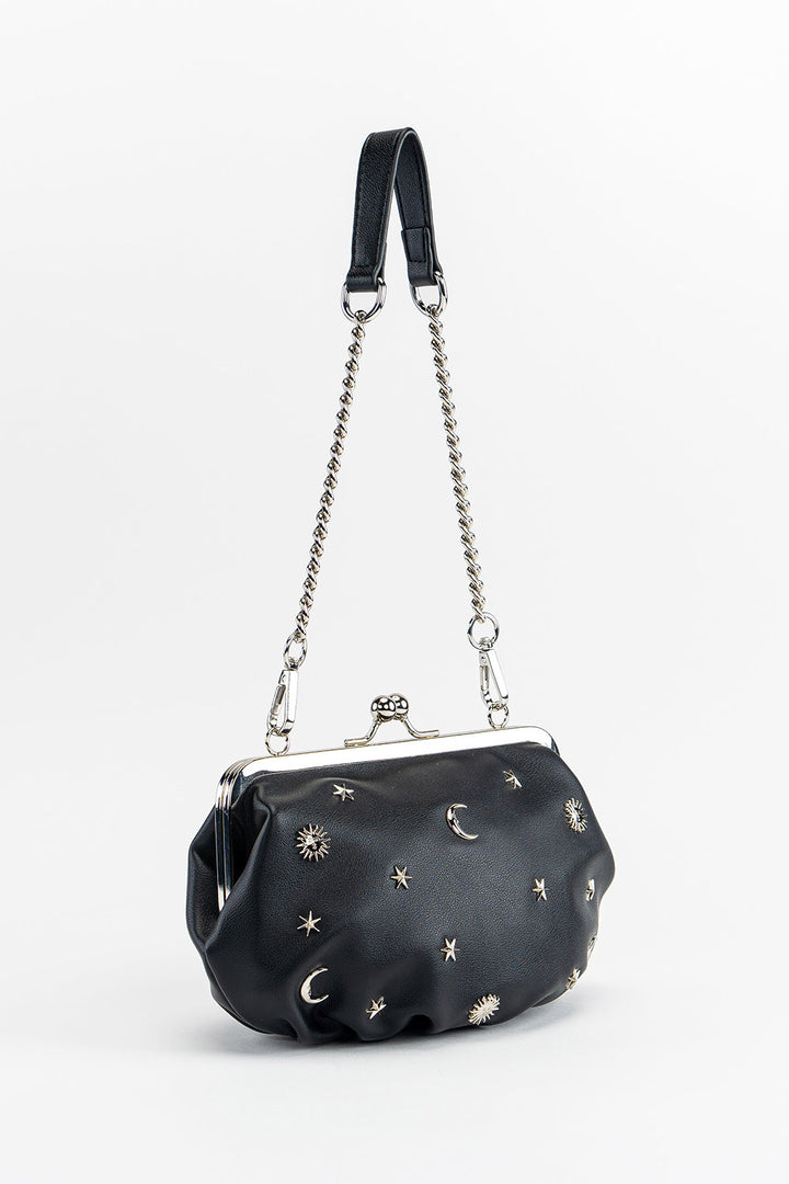 gothic moon and star charm chain strap purse with zipper pocket on the back