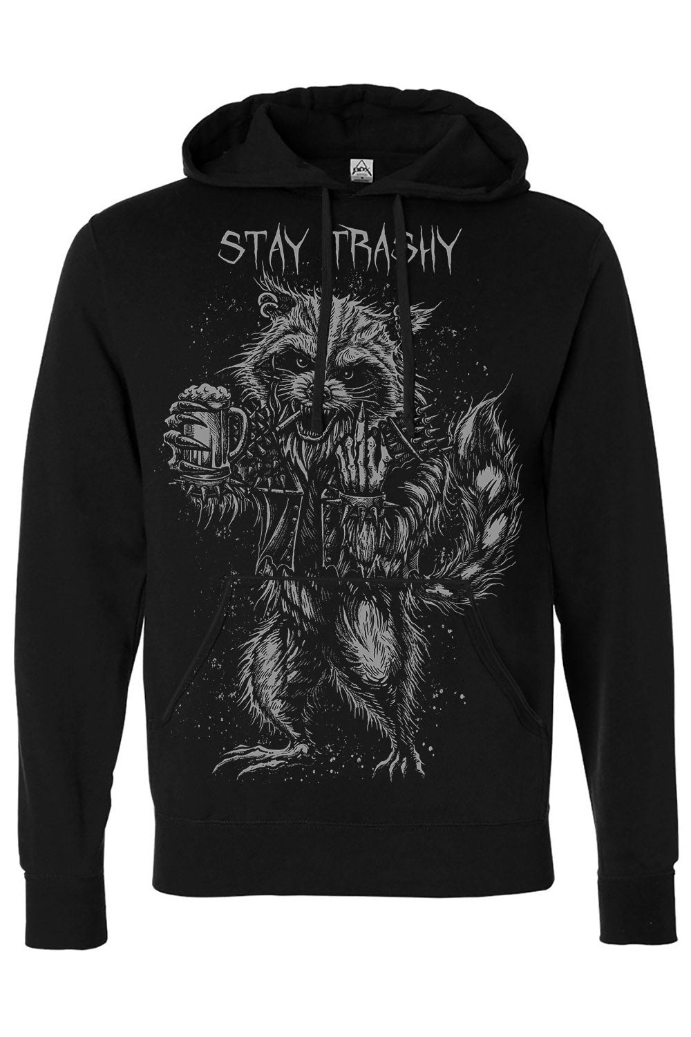 Black hoodie with graphic design and text 'Stay Trashy' on a white background