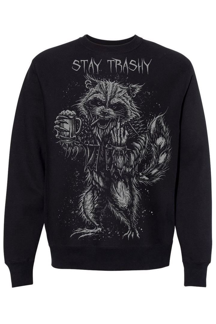 Black sweatshirt with a graphic of a raccoon holding a beer and 'Stay Trashy' text on a white background.