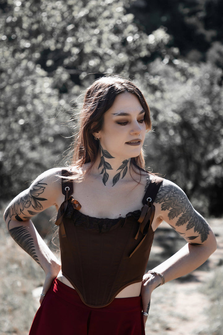 brown lace ruffle corset for ren faire