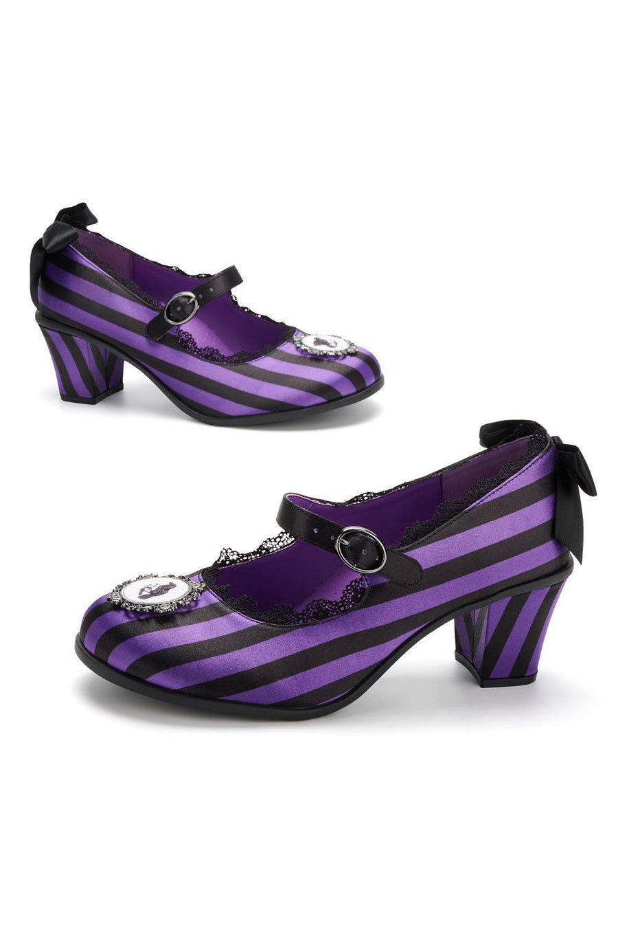 Purple and black striped shoes with decorative elements on a white background