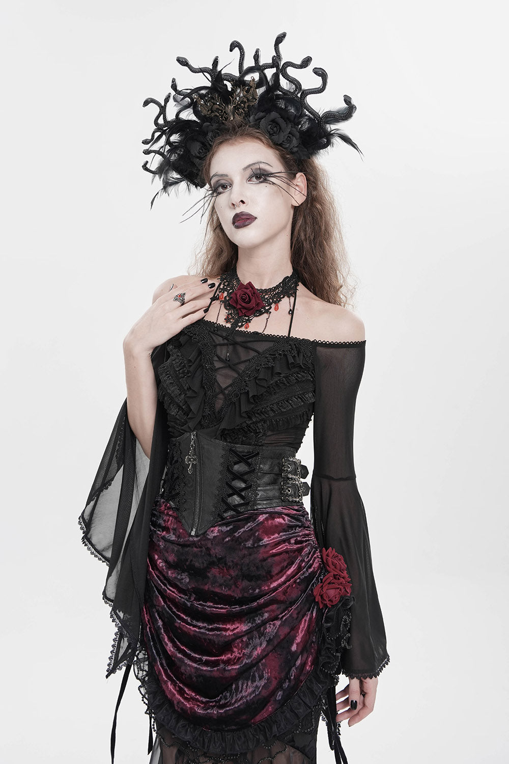 womens velvet and vegan leather lace-up corset