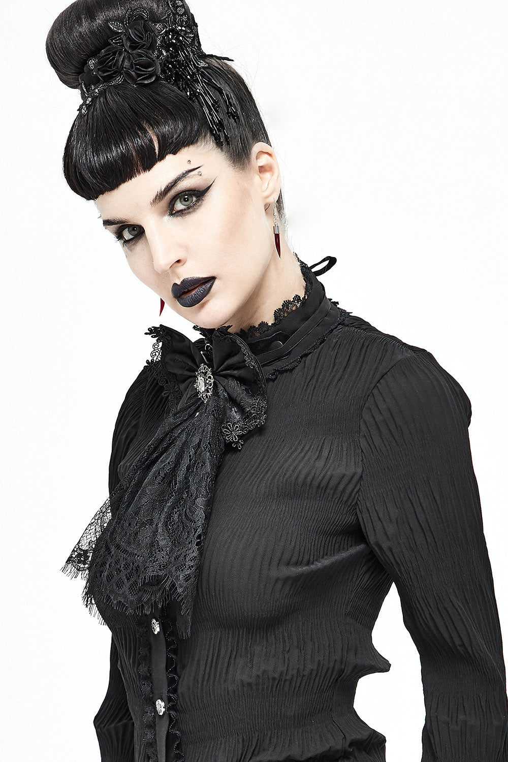 elegant romantic goth lace bow necktie with gemstone brooch