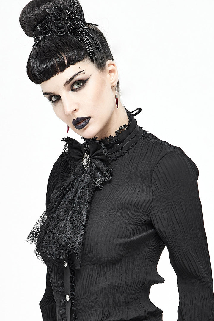 elegant romantic goth lace bow necktie with gemstone brooch