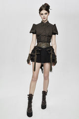 womens short ruffled skirt with bronze hardware 