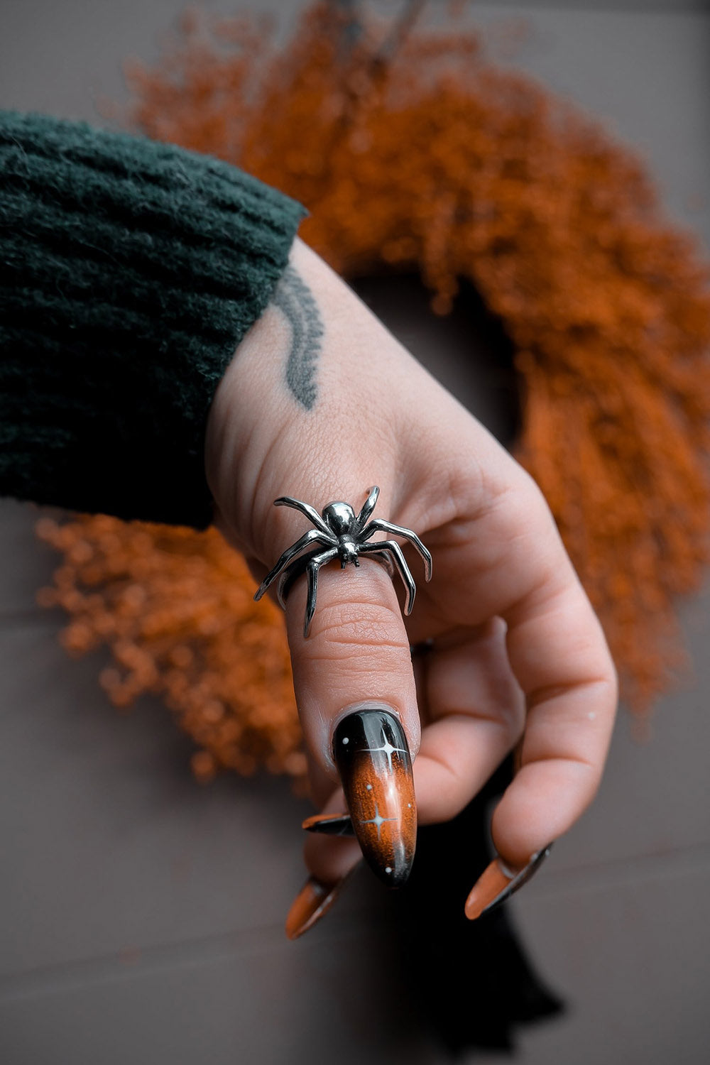 nature goth silver spider ring
