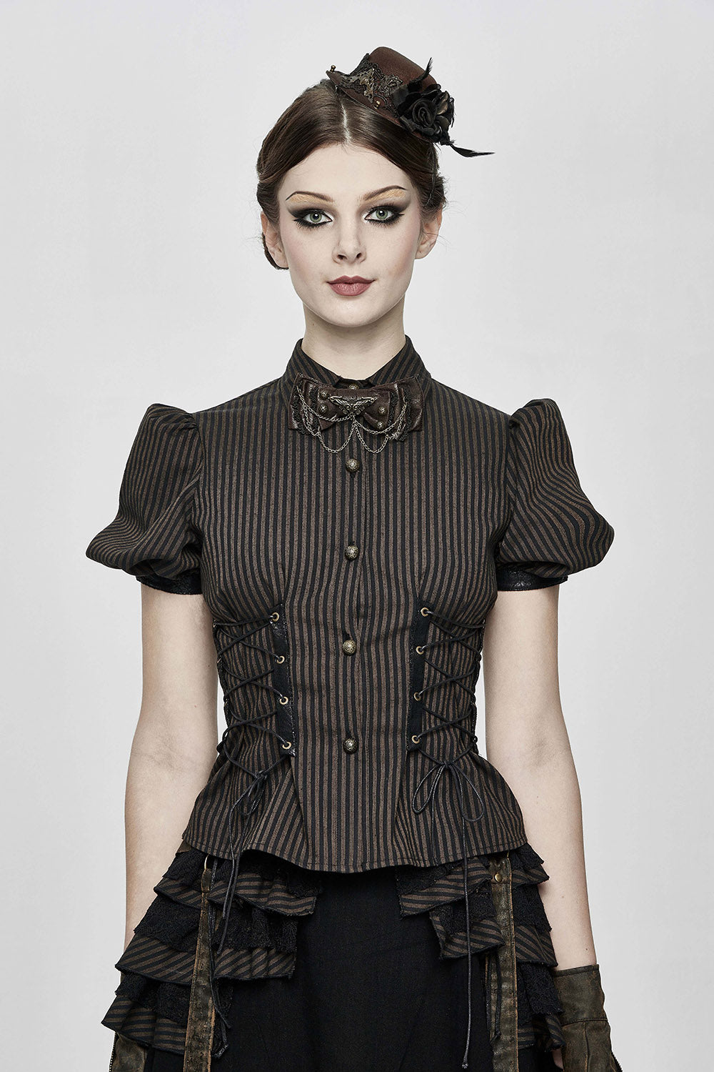 short sleeve button-up brown and black striped vintage inspired top 
