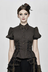 short sleeve button-up brown and black striped vintage inspired top 