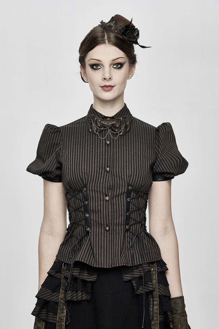 short sleeve button-up brown and black striped vintage inspired top 